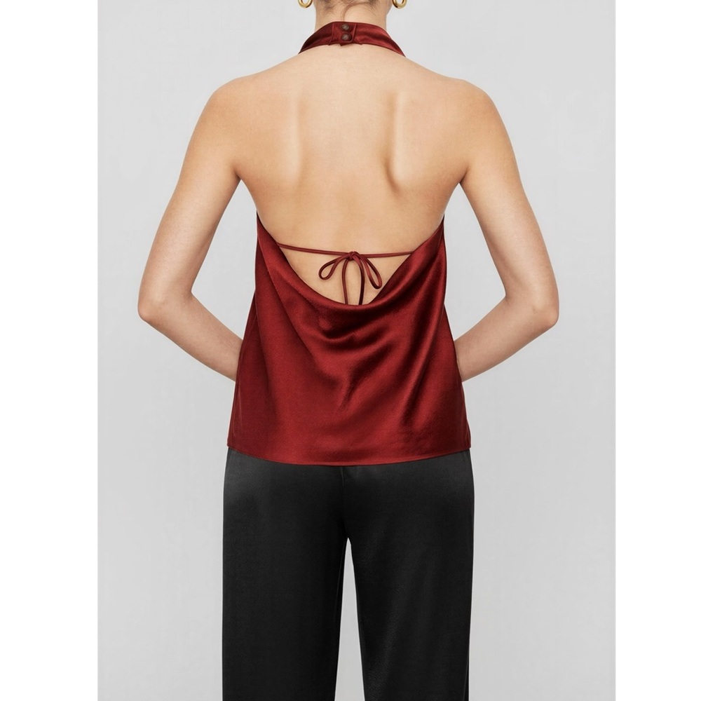 VINCE. Draped Satin Halter Blouse, Red, Medium - Picture 3 of 13